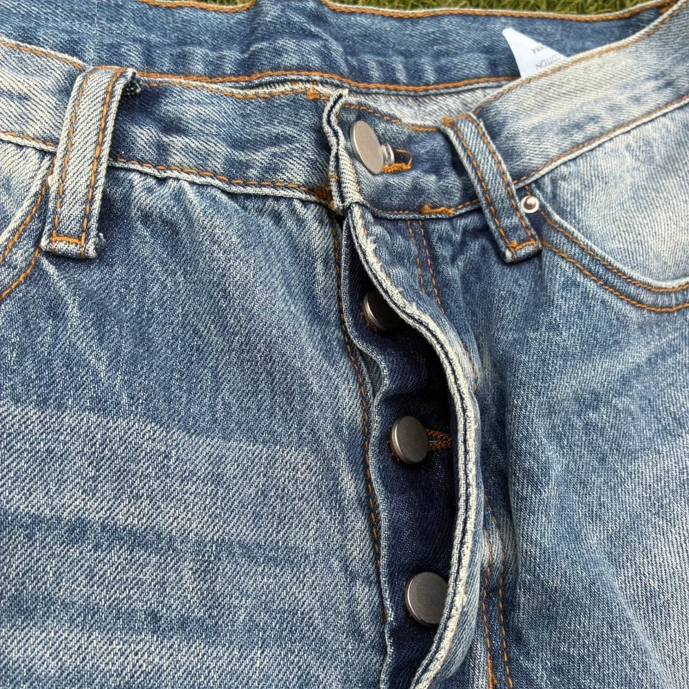 MNML Mens 29x30 Paneled Flare Jeans Light Wash Distressed Blue Cream Streetwear